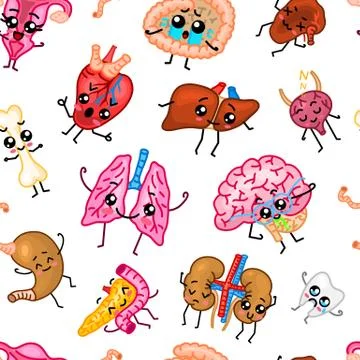 Cute organs Seamless pattern. Happy human, Set of smiling character. Cartoon Illustrazione stock