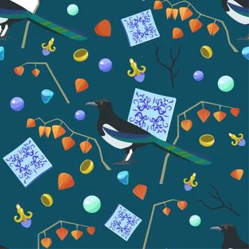Cute original seamless pattern with magpie, majolic elements and jewelry. Vector Stock Illustration