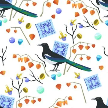 Cute original seamless pattern with magpie, majolic elements and jewelry. Vector Illustrazione stock