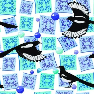 Cute original seamless pattern with magpie, majolic elements and jewelry. Vector Stock-Illustration