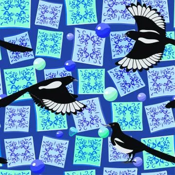 Cute original seamless pattern with magpie, majolic elements and jewelry. Vector Stock Illustration