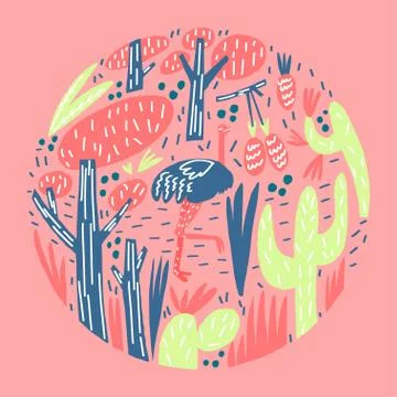 Cute ostrich, stylized tree, cactus branches, leaves and fruits composition Stock Illustration