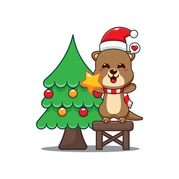 Cute otter decorating the Christmas tree on Christmas day. Stock Illustration