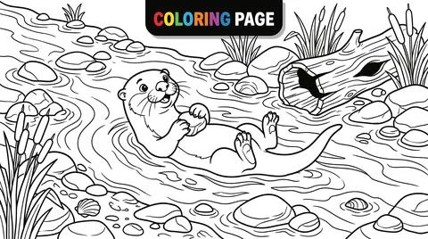 Cute Otter Floating on Back in River Coloring Page. Stock Illustration