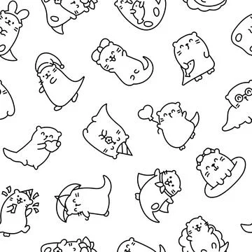 Cute otter. Seamless pattern. Coloring Page. Stock Illustration
