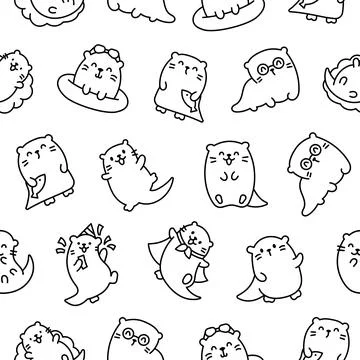 Cute otter. Seamless pattern. Coloring Page. Stock Illustration