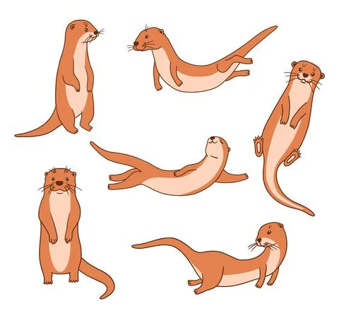 Cute otters in different actions, vector flat illustrations isolated on white Stock Illustration