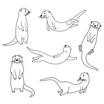 Cute otters in different actions, vector outline illustrations isolated on white Stock Illustration