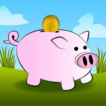 Cute Outdoor Vector Piggy Bank with Gold Coin Stock Illustration