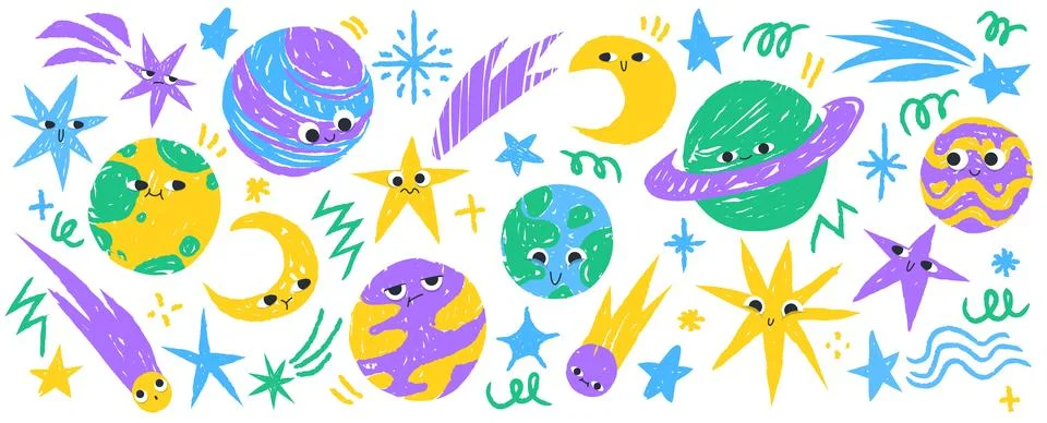 Cute outer space sticker set drawn with crayons Stock Illustration