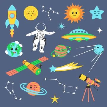 Cute outer space universe set. Cosmic bundle with cartoon planets, spaceshi.. Stock Illustration