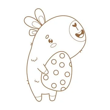 Cute Outline Easter Capybara in bunny ears with paschal egg. Happy cartoon .. Illustrazione stock