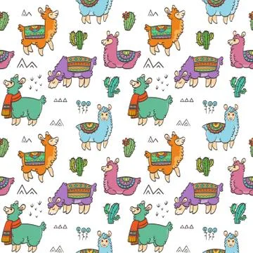 Cute outline seamless pattern with llamas. Ink vector illustration. For child 스톡 일러스트