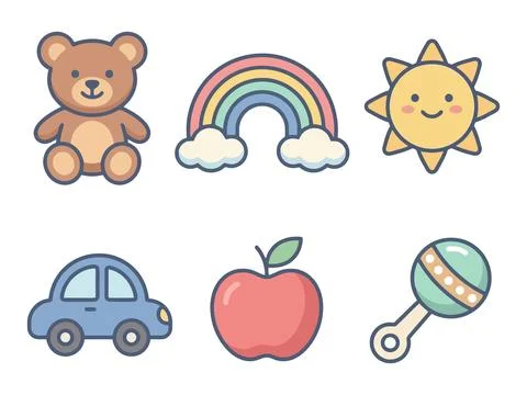 Cute Outline Vector Icons Set with Bear Rainbow Sun Car Apple Rattle Stock Illustration