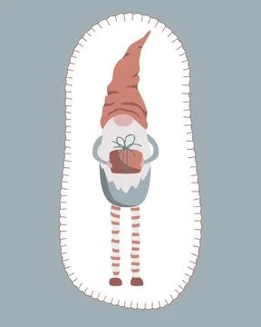 Cute oval shape fabric frame with a cute elf holding a Christmas gift. Sewe.. Ilustración de archivo