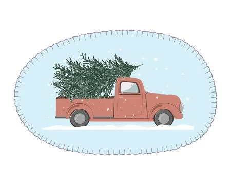 Cute oval shape fabric frame with a pick up carrying a Christmas tree. Sewe.. Ilustración de archivo