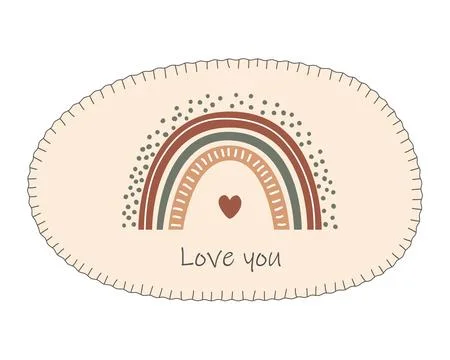 Cute oval shape frame with stylized decorative stitches, with rainbow and Lov Stock Illustration
