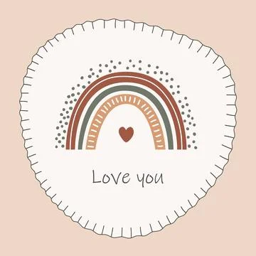 Cute oval shape frame with stylized decorative stitches, with rainbow and Lov 스톡 일러스트