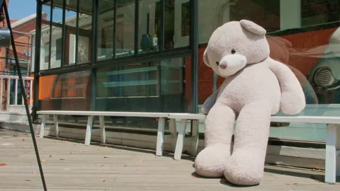 Cute oversized beige teddy bear leaning on bench outside store Stockbeeldmateriaal 332852601