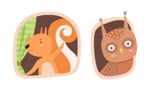 Cute Owl and Squirrel Looking Out of Window in Their Cosy Burrow Vector Set Stock Illustration