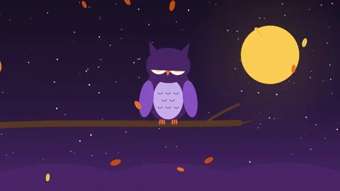 Cute owl blinking and turning its head on a branch with falling autumn leaves Stock Footage 347895632