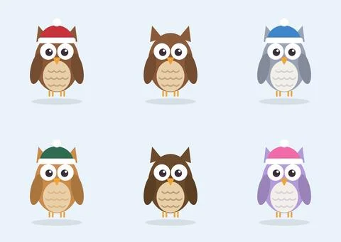 Cute owl character set with winter knit hats in red, green, blue and pink, flat Stock Illustration
