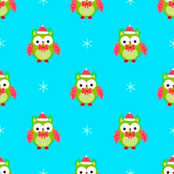 Cute owl christmas seamless pattern horns, bow, cover, print, packing Stock Illustration