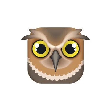 Cute owl face, comic bird head in square shape for mobile app button, animal Stock Illustration