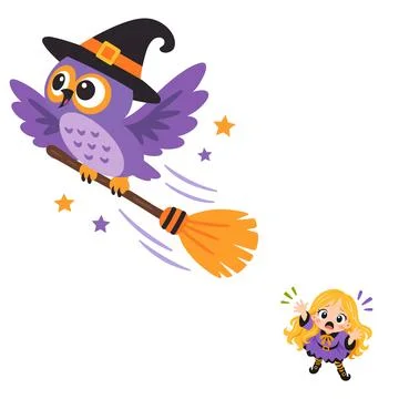 Cute Owl Flying Away with a Witch Broomstick on Halloween Ilustración de archivo