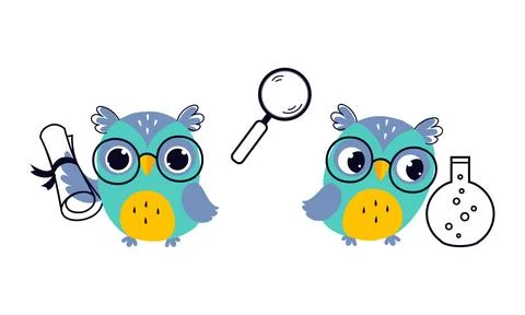 Cute Owl in Glasses with Paper Scroll and Flask with Chemical Vector Set Illustrazione stock