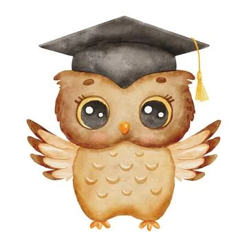 Cute owl in graduation cap. Wise watercolor owl cartoon character isolated on Stock Illustration