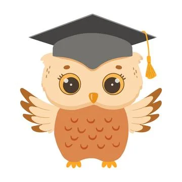 Cute owl in graduation cap. Wise vector owl cartoon character isolated on white Stock Illustration