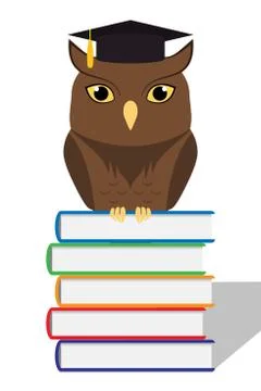 Cute owl with graduation hat on head sitting on a stack of books. Vector flat Stock Illustration