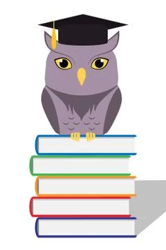 Cute owl with graduation hat on head sitting on a stack of books. Vector flat Stock Illustration