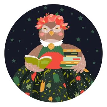 Cute owl holding a stack of books Stock Illustration