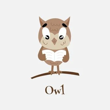 Cute owl perching on a tree branch and reading a book. Stock Illustration