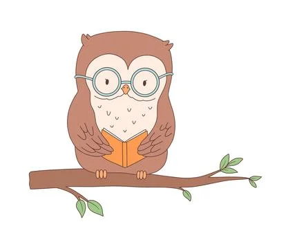 Cute owl reading book on tree branch, cartoon character for kids. Vector isol Ilustração Stock