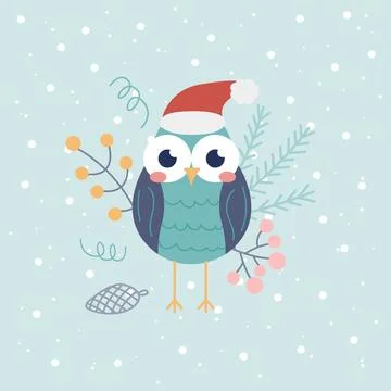 Cute owl in Santa hat on a light background with snowflakes Stock Illustration