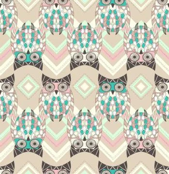 Cute owl seamless pattern with native elements Illustrazione stock