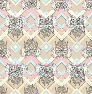 Cute owl seamless pattern with native elements Stock Illustration
