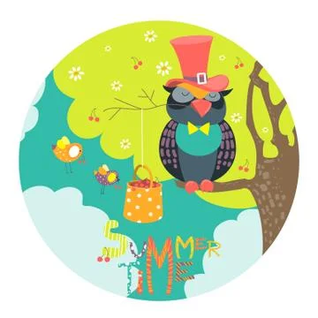 Cute owl sitting on a tree branch Stock Illustration