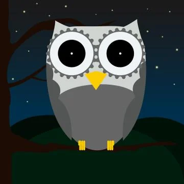 Cute owl sitting on a tree with night sky full of stars and hills Stock Illustration