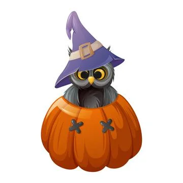 Cute owl in a sorcery hat is inside a pumpkin with funny face. Stock Illustration