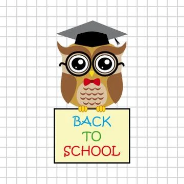 Cute owl teacher on squared background with sign back to school Stock Illustration