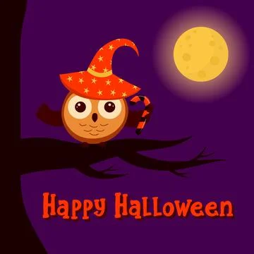 Cute owl in witch hat with candy is sitting on a branch. Stock Illustration