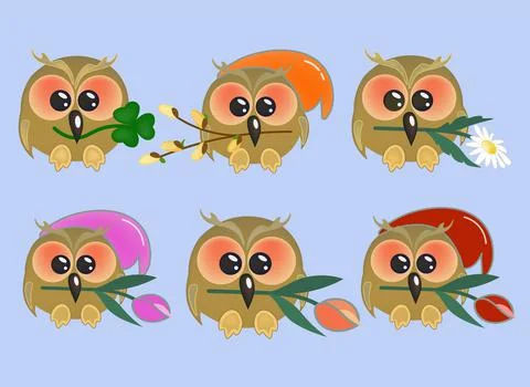 Cute owlet with a chamomile in its beak. Bright good-natured  character Stock Illustration
