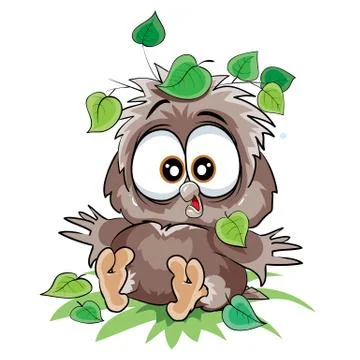 Cute owlet sitting on the ground under a leaf from a tree, fell, cartoon illu 스톡 일러스트