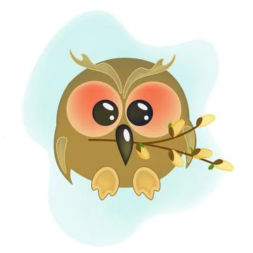 Cute owlet with a willow twig in its beak. Smiling kind cartoon character. Ilustración de archivo