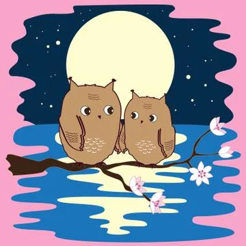 Cute owls in love at moon night. Stock Illustration