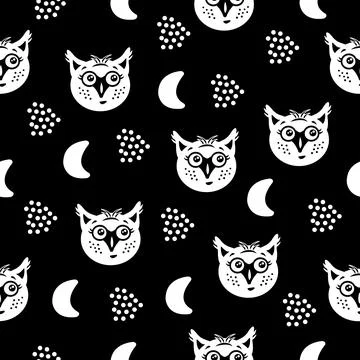 Cute owls, monochrome seamless pattern Illustrazione stock